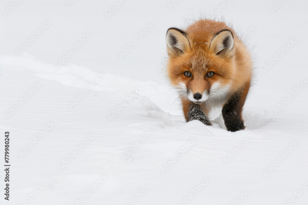 A small fox is walking through the snow A small fox is walking through the snow
