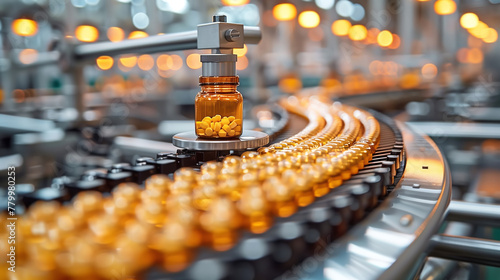 Automated Robotic tablets Line. Pharmaceutical production plant indoors © colnihko