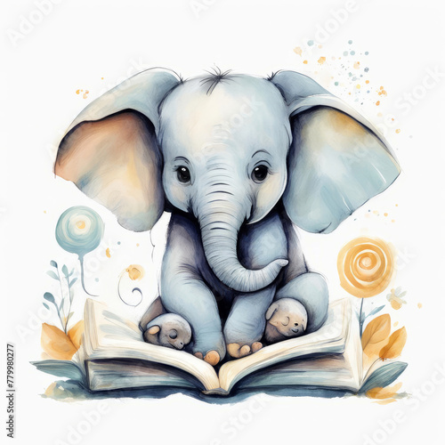 Adorable baby elephant reading a book 