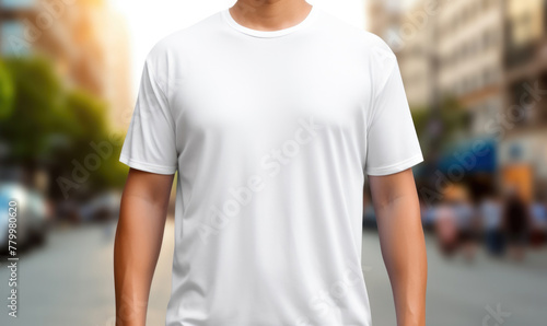 An unadorned close-up of a young individual sporting a plain white t-shirt, symbolizing endless possibilities for personalized t-shirt designs.