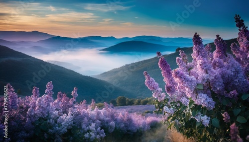 A serene landscape at sunrise with blooming lilac flowers in the foreground and misty mountains in the distance.