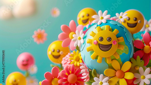 Spherical 3D model of Earth with happy faces all around, global success and joy