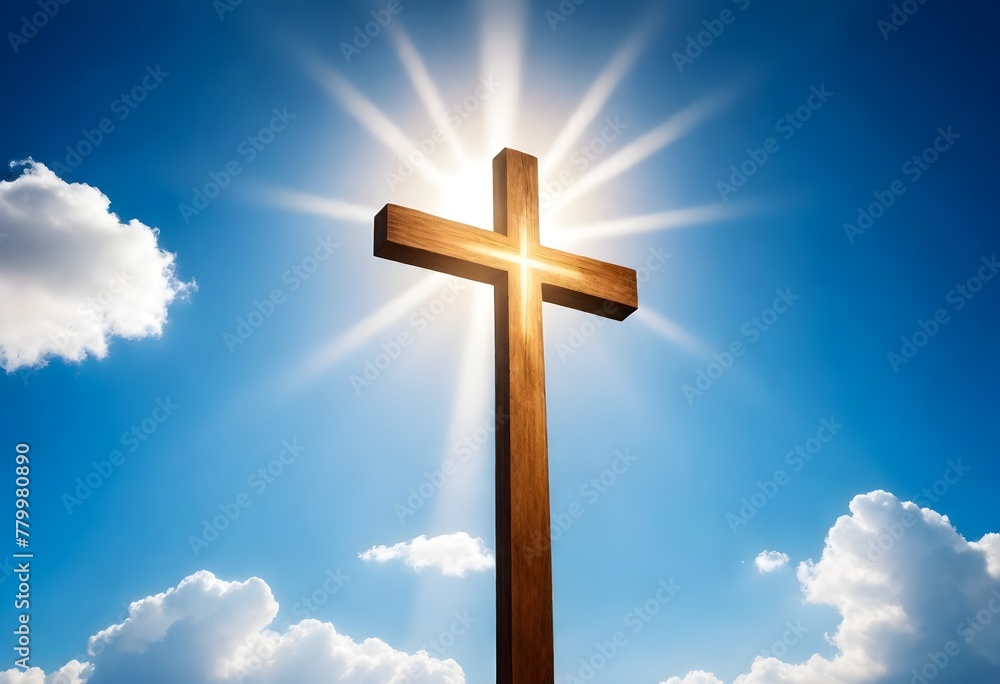Wooden cross against a blue sky with clouds and radiant sunlight Wooden cross against a blue sky with clouds and radiant sunlight