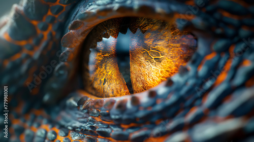 Dragon eye close-up. Fantastic animal with dark scales