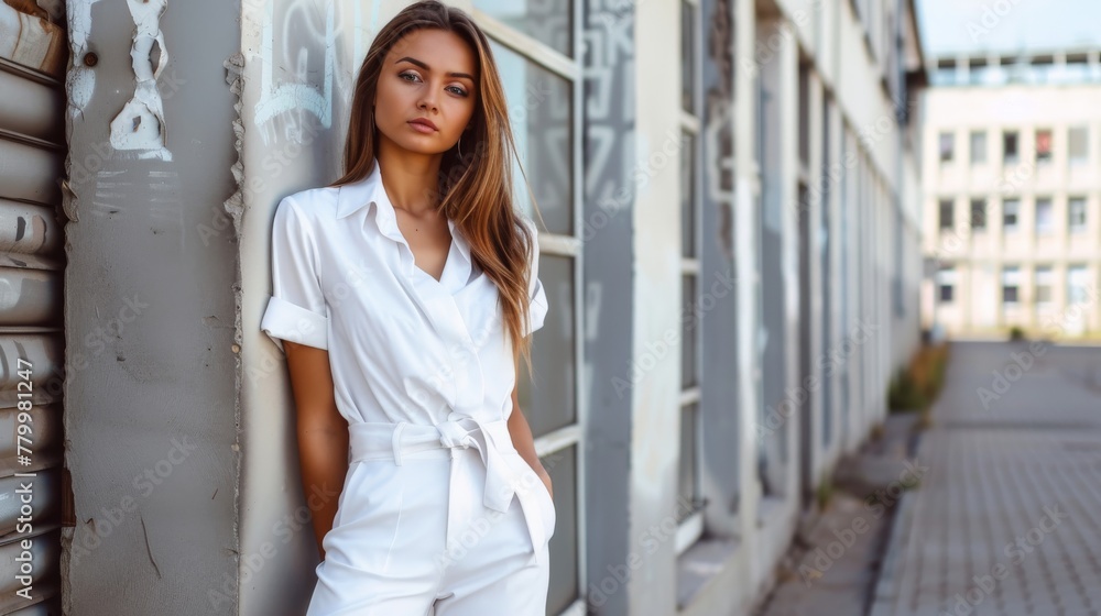 Elegant Woman in White Jumpsuit Posing in Urban Environment Elegant Woman in White Jumpsuit Posing in Urban Environment