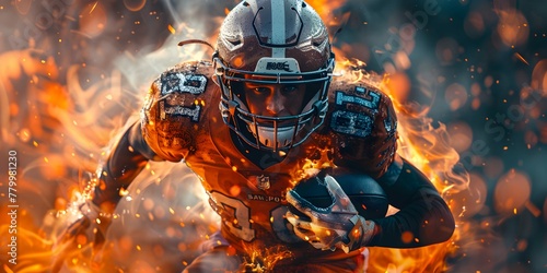 American football player in helmet holding a ball on dark fire background, runs through the flames. Sport banner with sportsman on stadium in action, in a super bowl game.