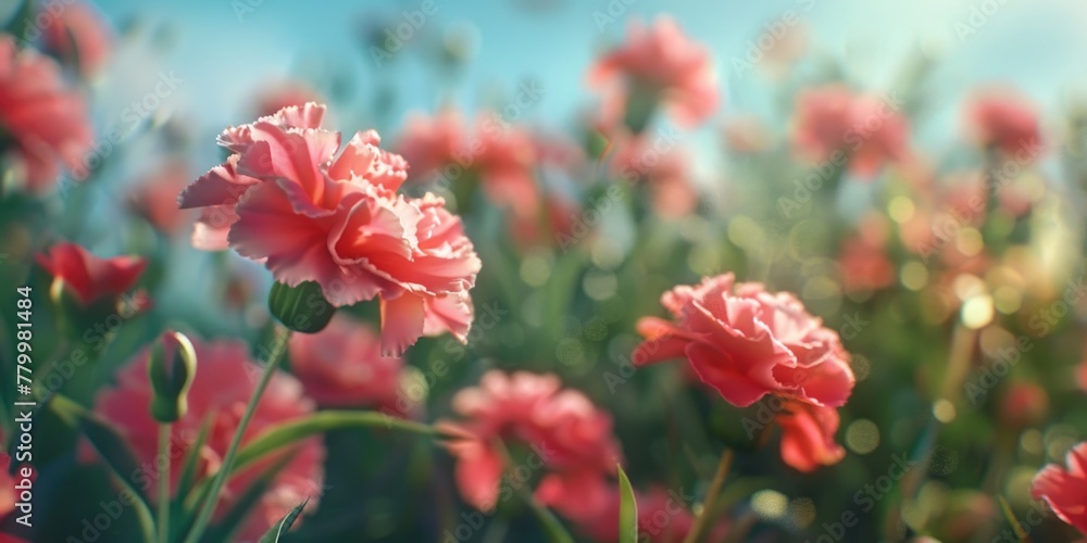 A field of pink flowers with a bright blue sky in the background. The flowers are in full bloom and the sky is clear and sunny. Scene is peaceful and serene, with the bright colors of the flowers