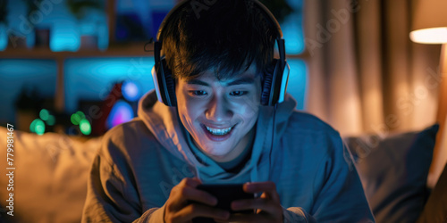 A young man is sitting on a couch and playing a video game on his phone. He is wearing headphones and smiling, indicating that he is enjoying the game
