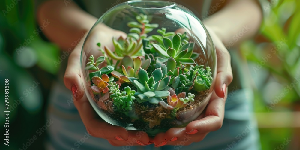A person is holding a glass vase with a plant inside. The plant is a mix of different types of plants, including succulents and cacti. The vase is filled with soil