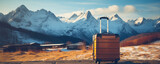 suitcase with an imposing snowy mountain landscape, suggesting a solo travel experience.