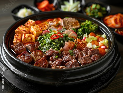 A large hot pot filled with meat and vegetables, placed on a table, black background, illustration made with Generative Ai