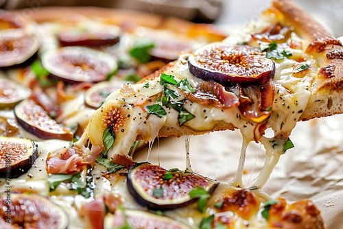 Gourmet fig and prosciutto pizza slice with melting cheese and fresh herbs photo