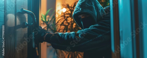 detailed view of a hooded burglar in the act of breaking into a house, with focus on the hands picking a lock