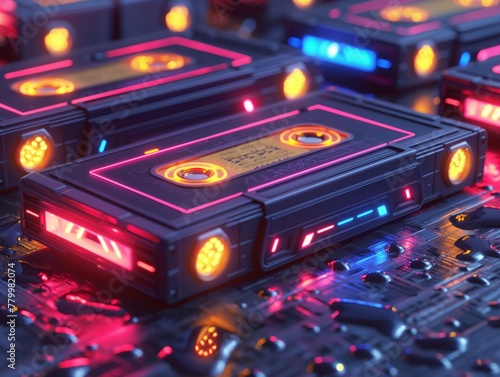 A collection of old-fashioned cassette tapes are lit up in neon colors. The scene is a futuristic take on the classic music format, with the tapes glowing in a variety of bright hues photo