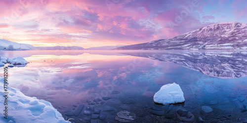 A beautiful lake with a pink and purple sky in the background. The water is calm and still, reflecting the sky and the mountains in the distance