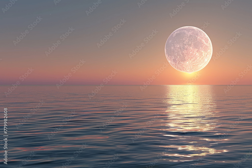 A large moon is floating above a calm ocean