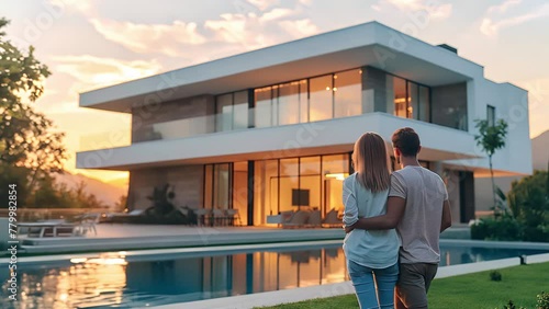 Rear view of young married couple chooses and buys luxury house with swimming pool photo