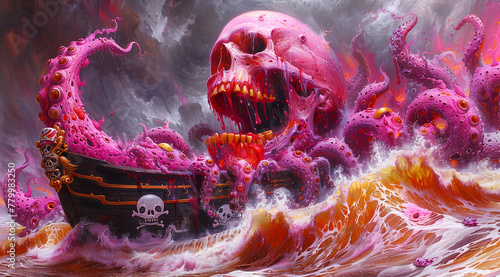 A giant pink skull with tentacles emerging from choppy ocean waves engulfs a pirate ship