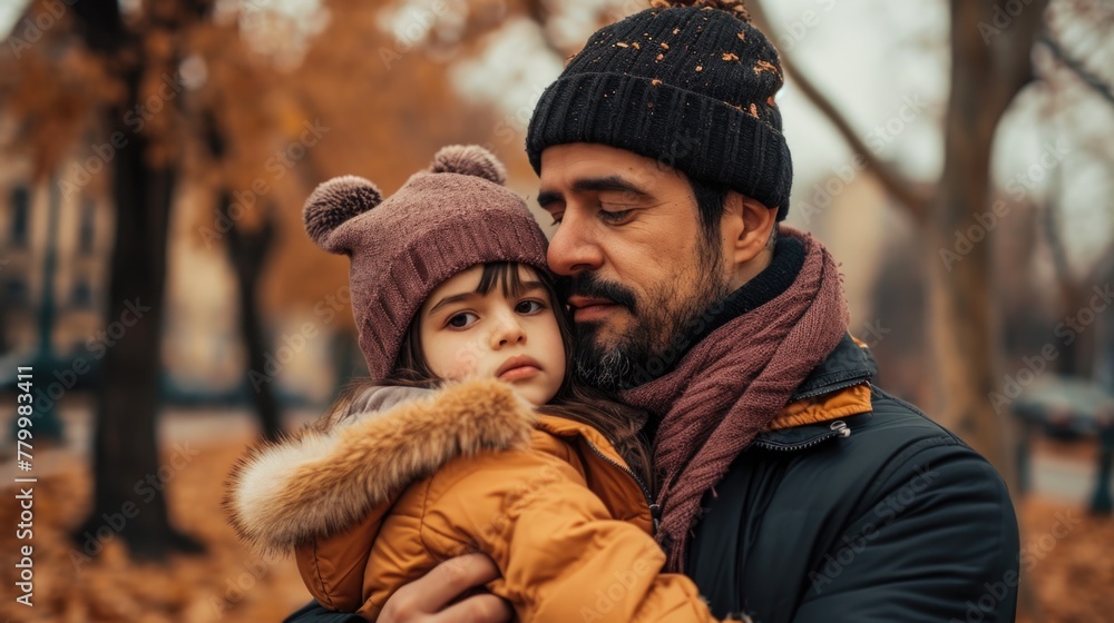 A man is holding a child in his arms. The child is wearing a hat and a scarf. The scene is set in a park with trees in the background A man is holding a child in his arms. The child is wearing a hat and a scarf. The scene is set in a park with trees in the background