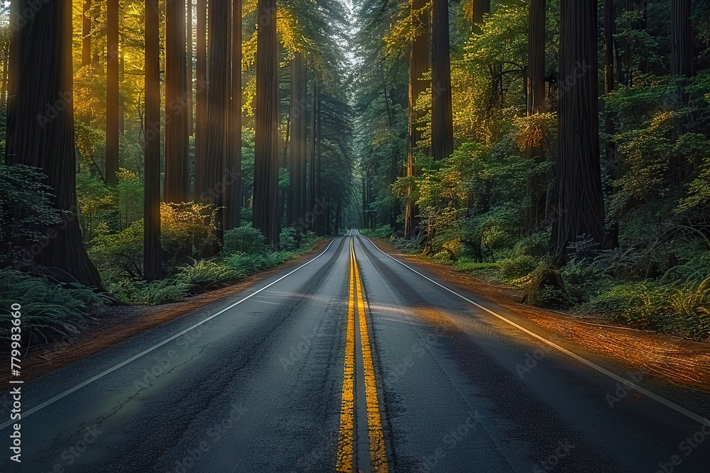 A Serene Journey Begins Winding Road Through a Dense Forest, Bathed in the Ethereal Glow of Morning Sunlight A Serene Journey Begins Winding Road Through a Dense Forest, Bathed in the Ethereal Glow of Morning Sunlight