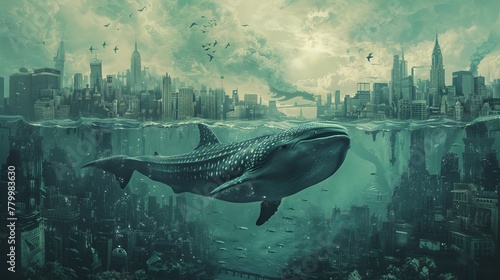 A surreal scene with a whale gracefully swimming above a flooded city, blending aquatic life with urban landscape.