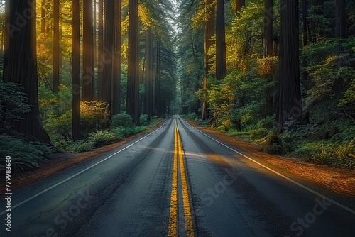 A Serene Journey Begins Winding Road Through a Dense Forest  Bathed in the Ethereal Glow of Morning Sunlight
