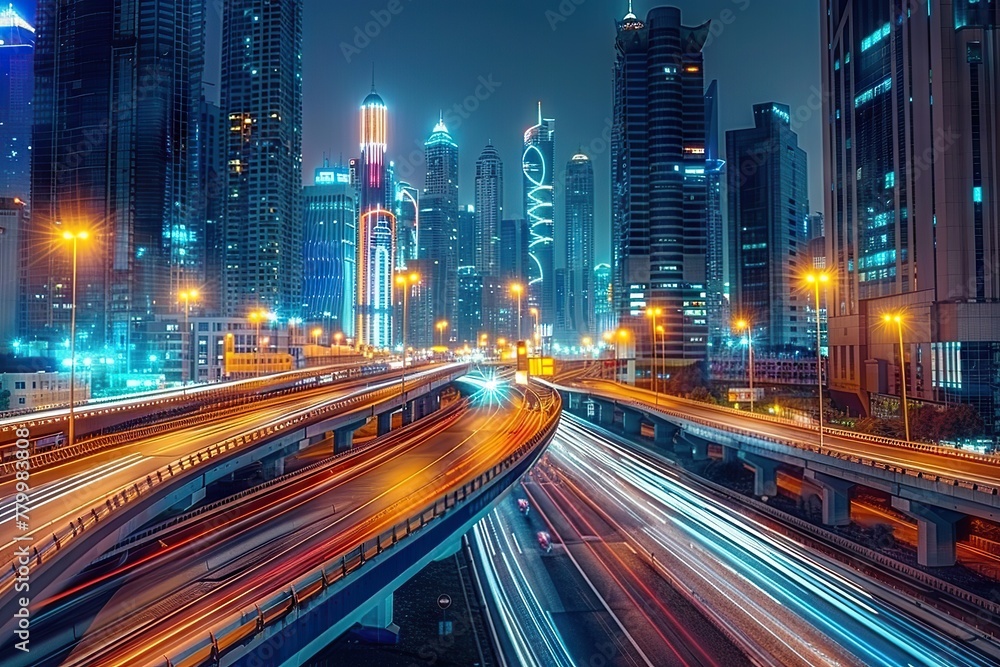 Motion Blur Night Lights Capturing the Dynamic Energy on a Bustling Highway, with a Majestic City Skyline Backdrop