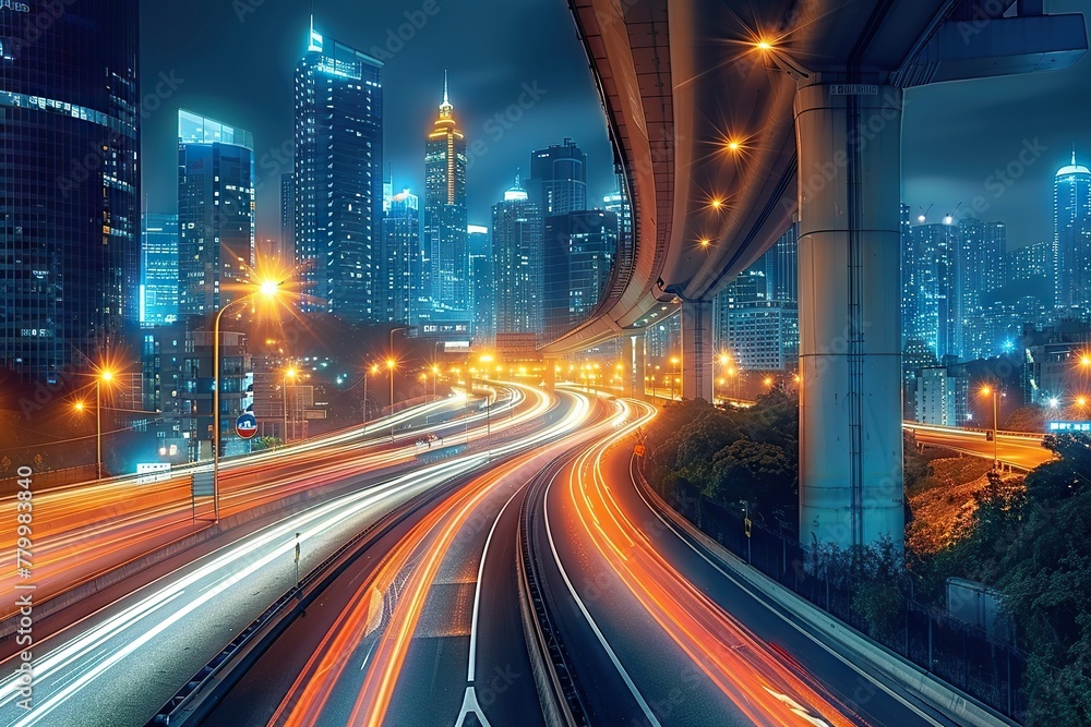 Motion Blur Night Lights Capturing the Dynamic Energy on a Bustling Highway, with a Majestic City Skyline Backdrop