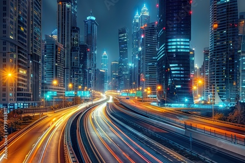 Motion Blur Night Lights Capturing the Dynamic Energy on a Bustling Highway, with a Majestic City Skyline Backdrop © photobuay