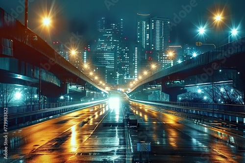 Motion Blur Night Lights Capturing the Dynamic Energy on a Bustling Highway  with a Majestic City Skyline Backdrop