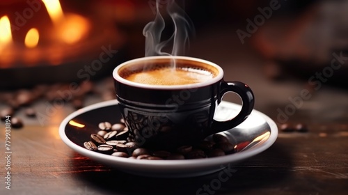 A black coffee cup with steam rising from it sits on a white plate with coffee grounds. Concept of warmth and comfort, as the steam from the coffee cup suggests a cozy atmosphere
