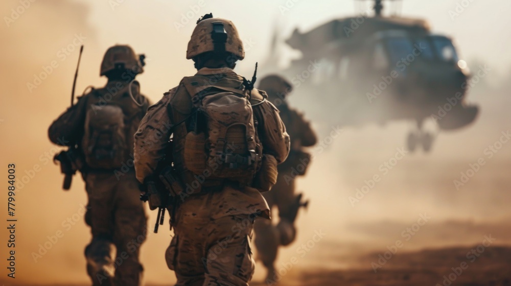 Fototapeta premium A group of soldiers are walking through a desert with a helicopter flying overhead. The soldiers are wearing camouflage and carrying backpacks. The scene is intense and action-packed