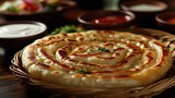 A large, golden brown, spiral shaped flatbread with herbs on top. The bread is sitting on a wooden table with a basket underneath it. There are several bowls and cups on the table