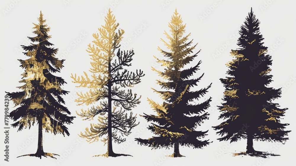 Four trees with gold accents are shown in a row. The trees are all different sizes and are all black. The gold accents on the trees give them a sense of elegance and sophistication