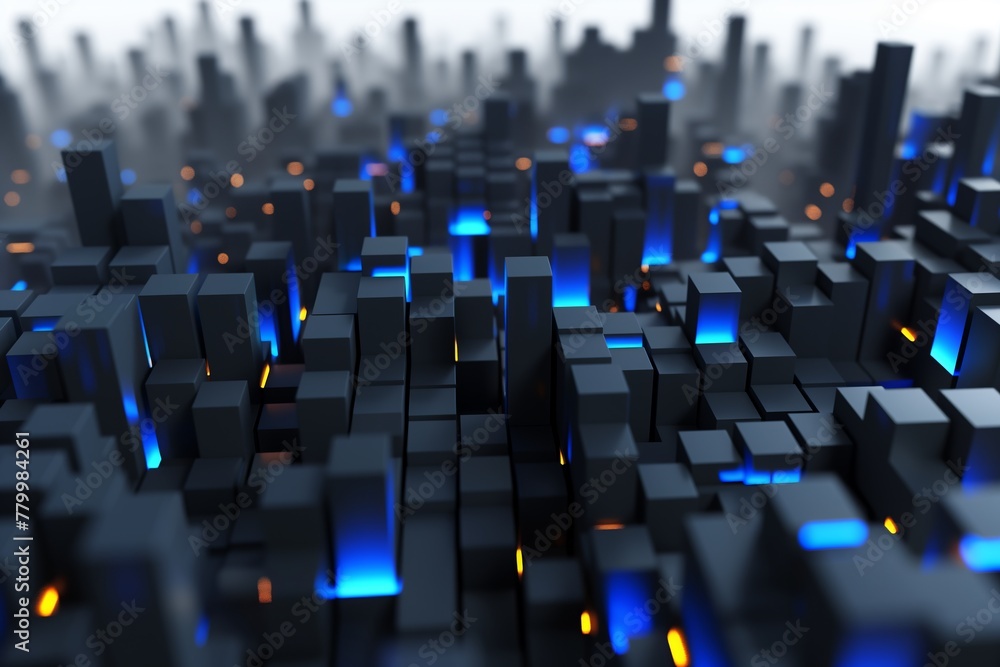 Fototapeta premium An abstract representation of a bustling digital city with three-dimensional blocks rising at varying heights. The intricate play of blue and orange lights creates a sense of dynamic urban