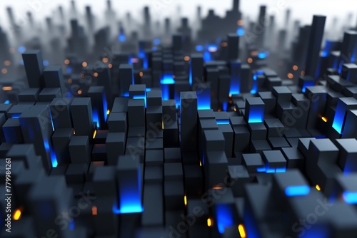 An abstract representation of a bustling digital city with three-dimensional blocks rising at varying heights. The intricate play of blue and orange lights creates a sense of dynamic urban