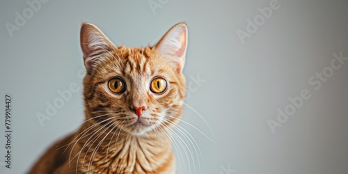 A cat with a yellowish orange fur is staring at the camera. The cat has a long, fluffy tail and a pink nose. The cat is sitting on a white surface, and its eyes are wide open, giving it a curious