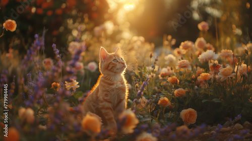 A red-haired cat in the rose bushes at sunset. garden roses and a red kitten at sunset. a postcard with a kitten and roses