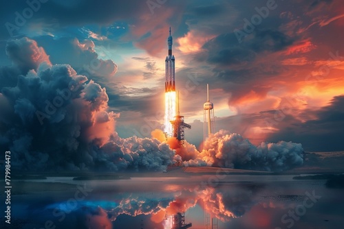 Rocket takes off into the sky. Lots of smoke and gas. The elements of this image furnished by NASA