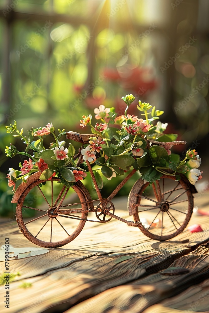 Old miniature iron bicycle with fresh flowers on wooden table. World bicycle day. Nature's touch on two wheels.