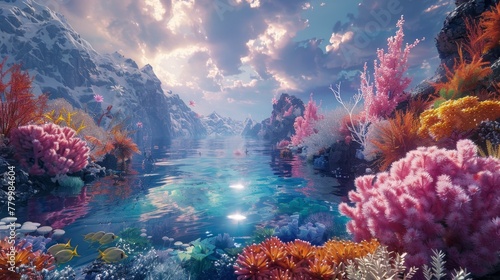 Fantasy Coral Reef with Mountainous Backdrop