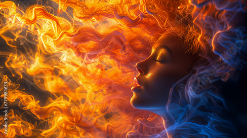A woman's profile with fiery orange and blue flames for hair on a dark background