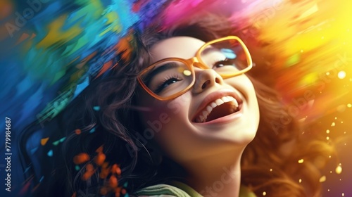 A woman with glasses is smiling and looking up at the sky. The image has a colorful and vibrant feel to it, with a sense of joy and happiness