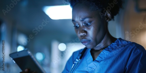 A woman in a blue scrubs is looking at a tablet. She is a nurse. The image is dark and moody