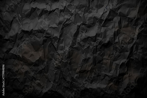 This high-resolution image captures the essence of a crumpled black paper texture in rich detail. The interplay of shadows and highlights across the creased surface creates a dramatic and versatile