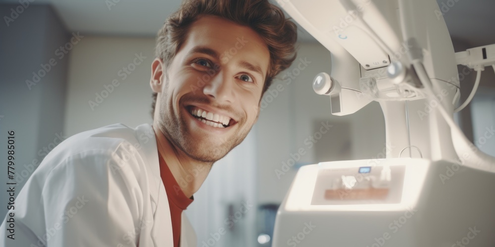 Obraz premium A smiling man in a white lab coat is standing in front of a dental x-ray machine