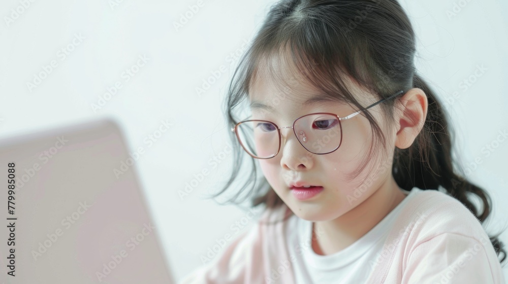 A young girl wearing glasses is looking at a laptop. She is focused on the screen and she is engaged in some activity. Concept of concentration and determination A young girl wearing glasses is looking at a laptop. She is focused on the screen and she is engaged in some activity. Concept of concentration and determination