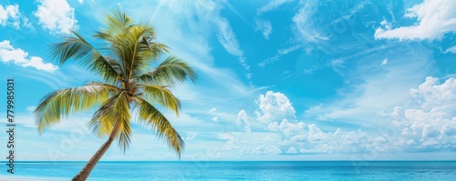 Vibrant image capturing a single  lush coconut palm tree against a clear blue sky with fluffy white clouds on a sunny day