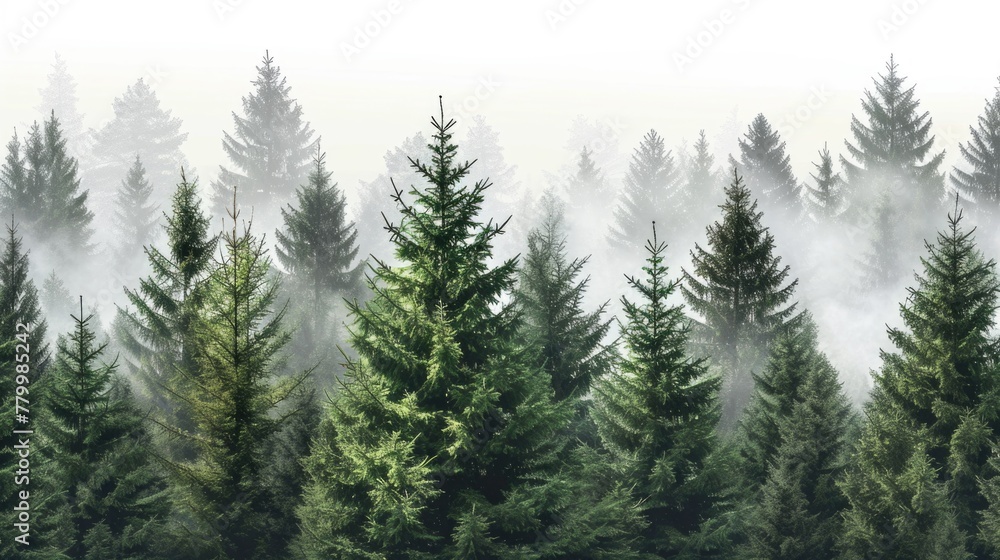 A forest of trees with a foggy mist in the background. The trees are tall and green, and the mist adds a sense of mystery and serenity to the scene