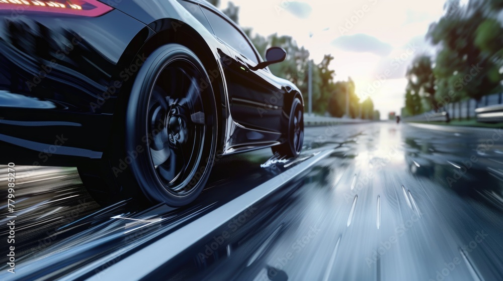 A black car is speeding down a wet road A black car is speeding down a wet road